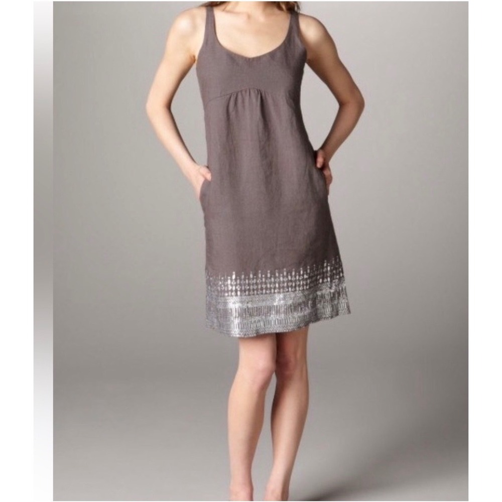 Eileen Fisher Metallic Foil Border Linen Shift Dress Gray Petite 4P